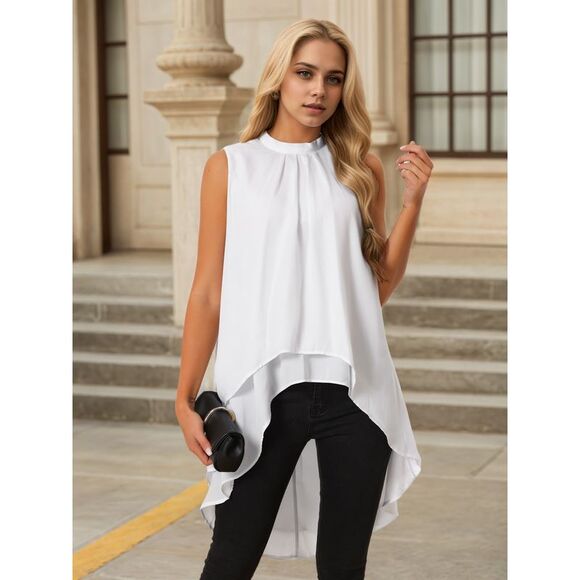 Casual Tie Back Asymmetrical Sleeveless Mock Neck Flowy Blouse Tops White - Picture 2 of 6